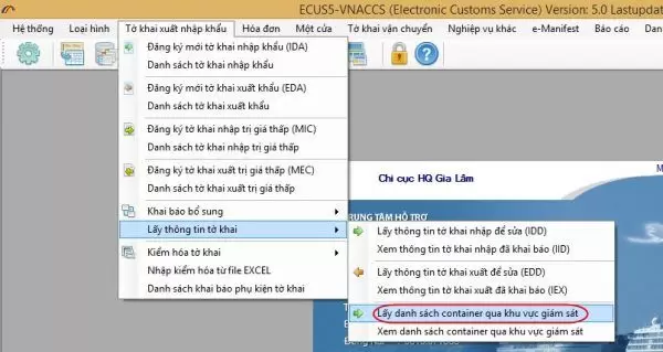 Lấy danh sách container qua bộ phận giám sát hải quan