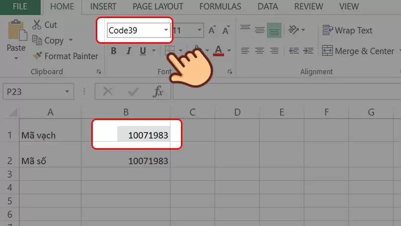 Bước 4: Bôi đen dãy số tại ô Mã vạch, sau đó ấn thay đổi Fonts chữ thành Code 39