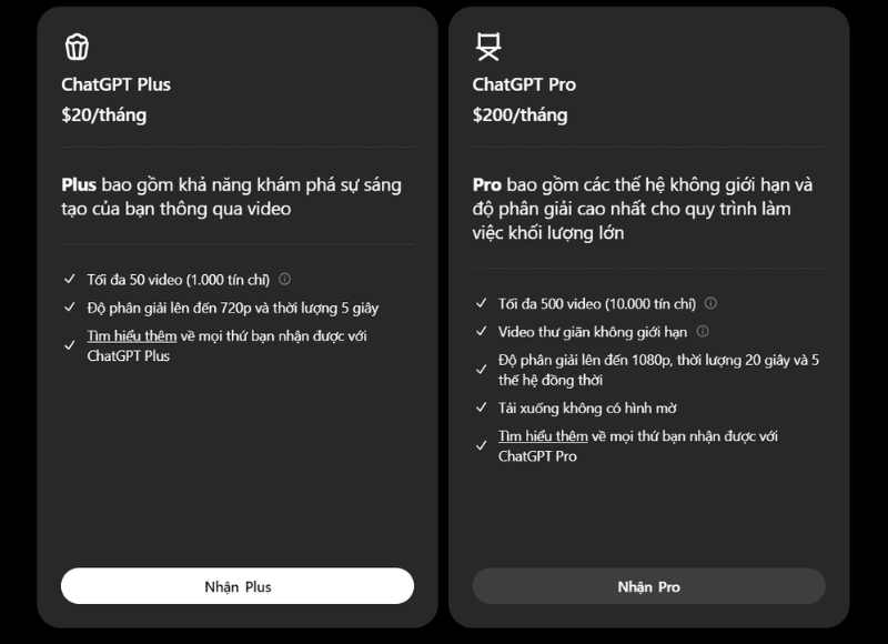 bảng giá dịch vụ sora ai
