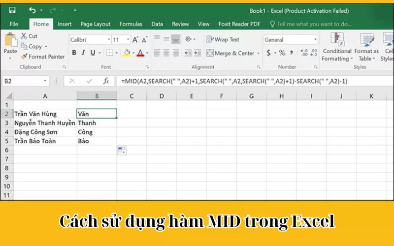 cách sử dụng hàm mid trong excel