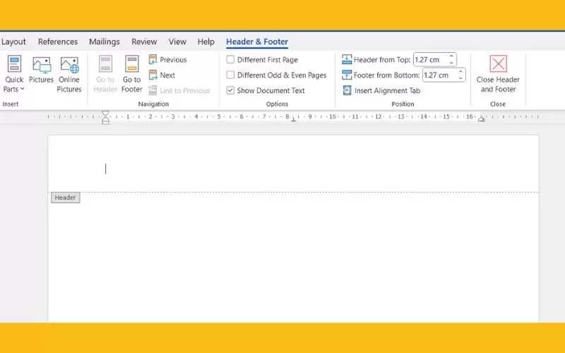 sử dụng header and footer trong word 2016