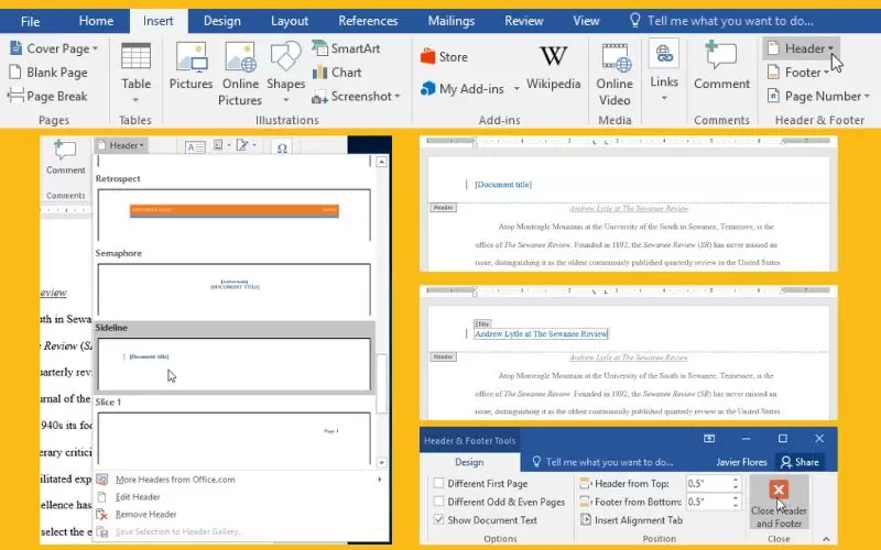 sử dụng header and footer 