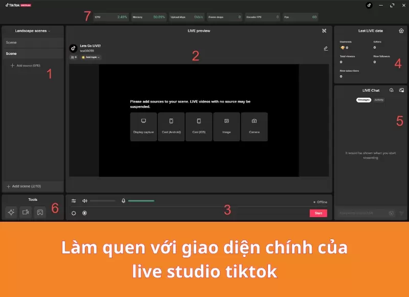 Giao diện chính của live studio tiktok