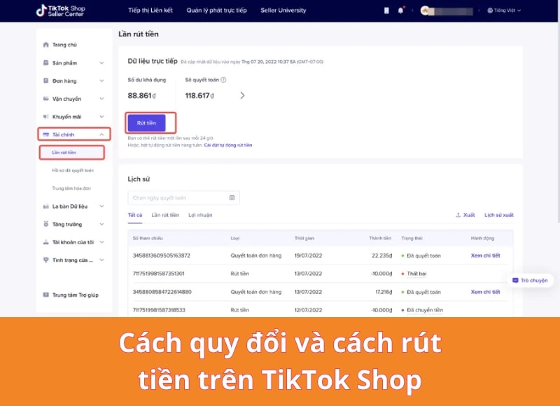 Cách rút tiền trên TikTok Shop về tài khoản 
