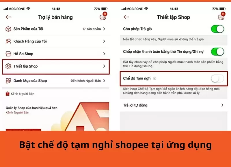 cách bật chế độ nghỉ bán trên shopee