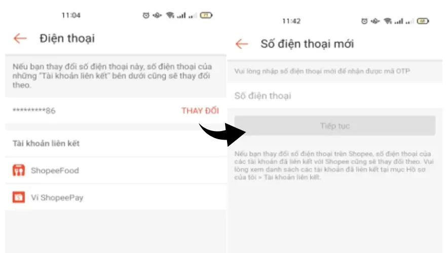 thay dổi cập nhật số điện thoại shopee